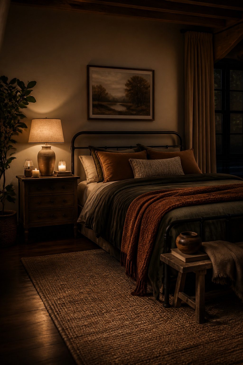 A bedside lamp and accent lamp providing soft lighting in a bedroom.