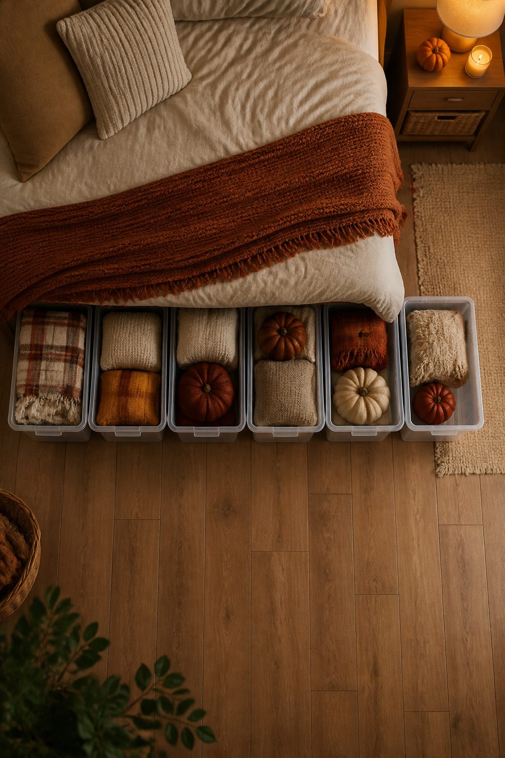 Clear under-bed bins organized for fall bedroom decor storage.