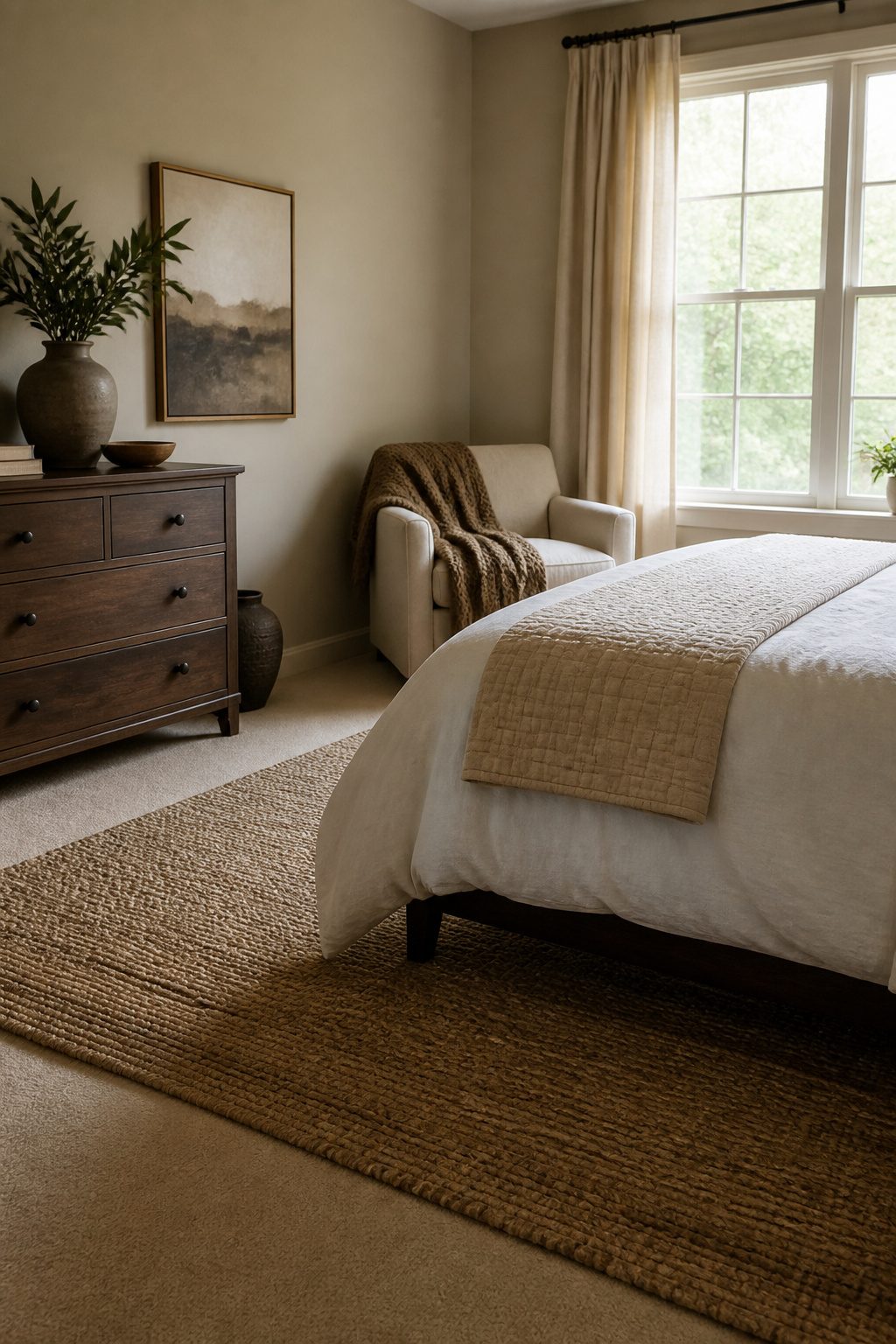 A jute-and-wool rug placed under a bed on a beige carpet.