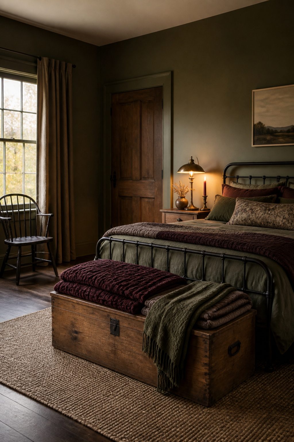 A brass lamp and vintage quilt displayed in a cozy bedroom.