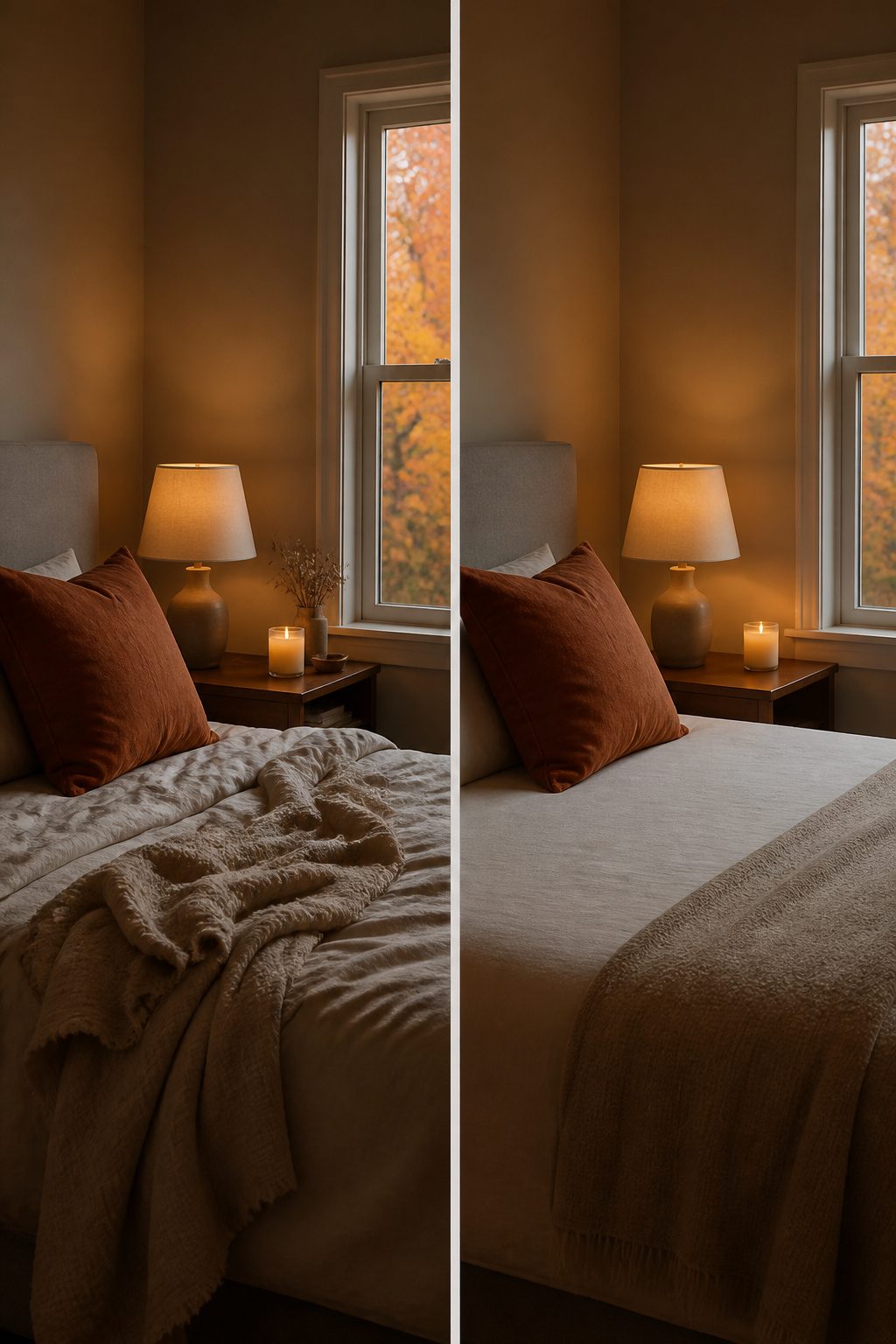 A simple arrangement with a terracotta pillow and a candle.