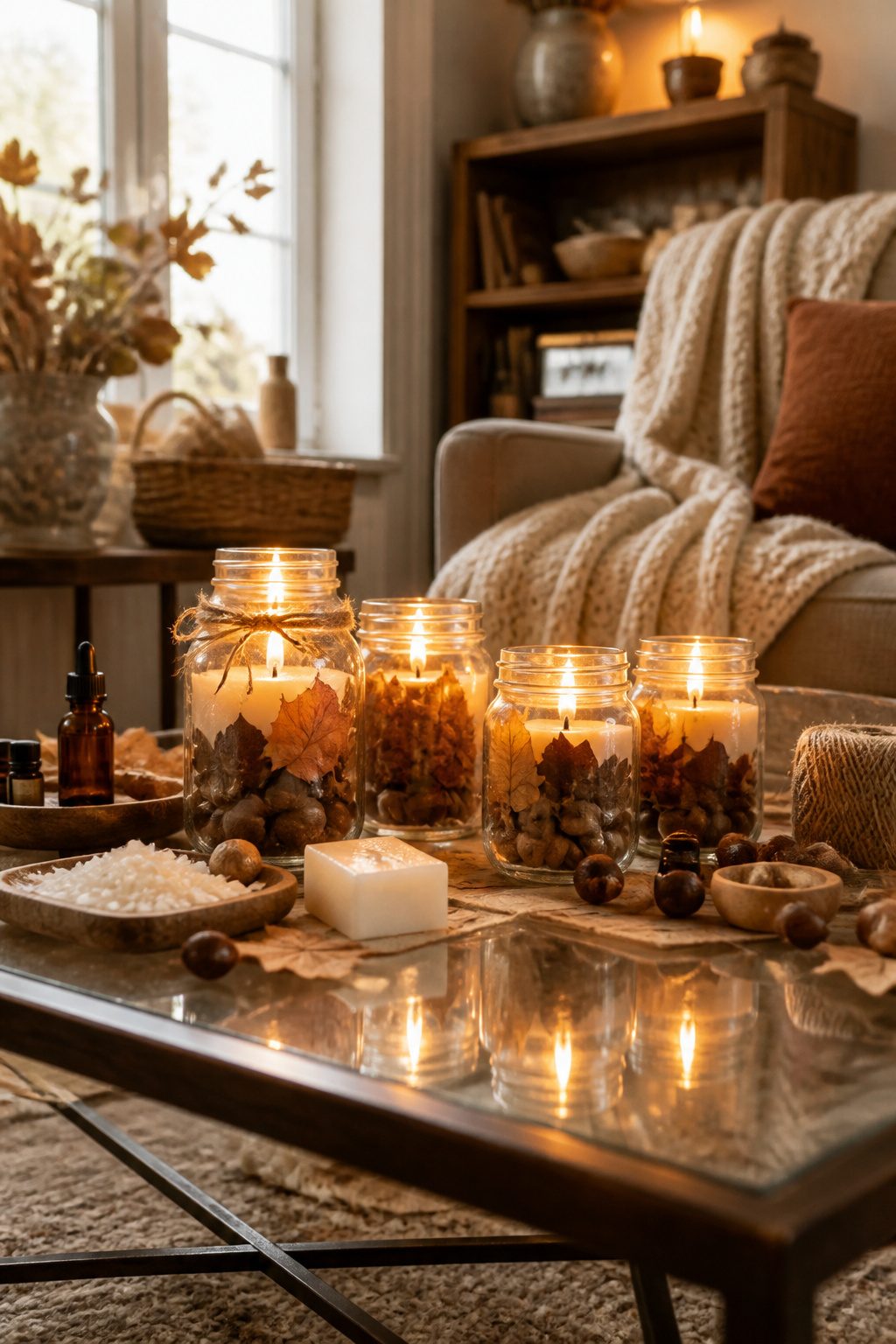 15 Fall Craft Ideas for Adults: Pumpkins, Wreaths, Signs & More 9 Mason jars filled with soy candles and decorative fillers.