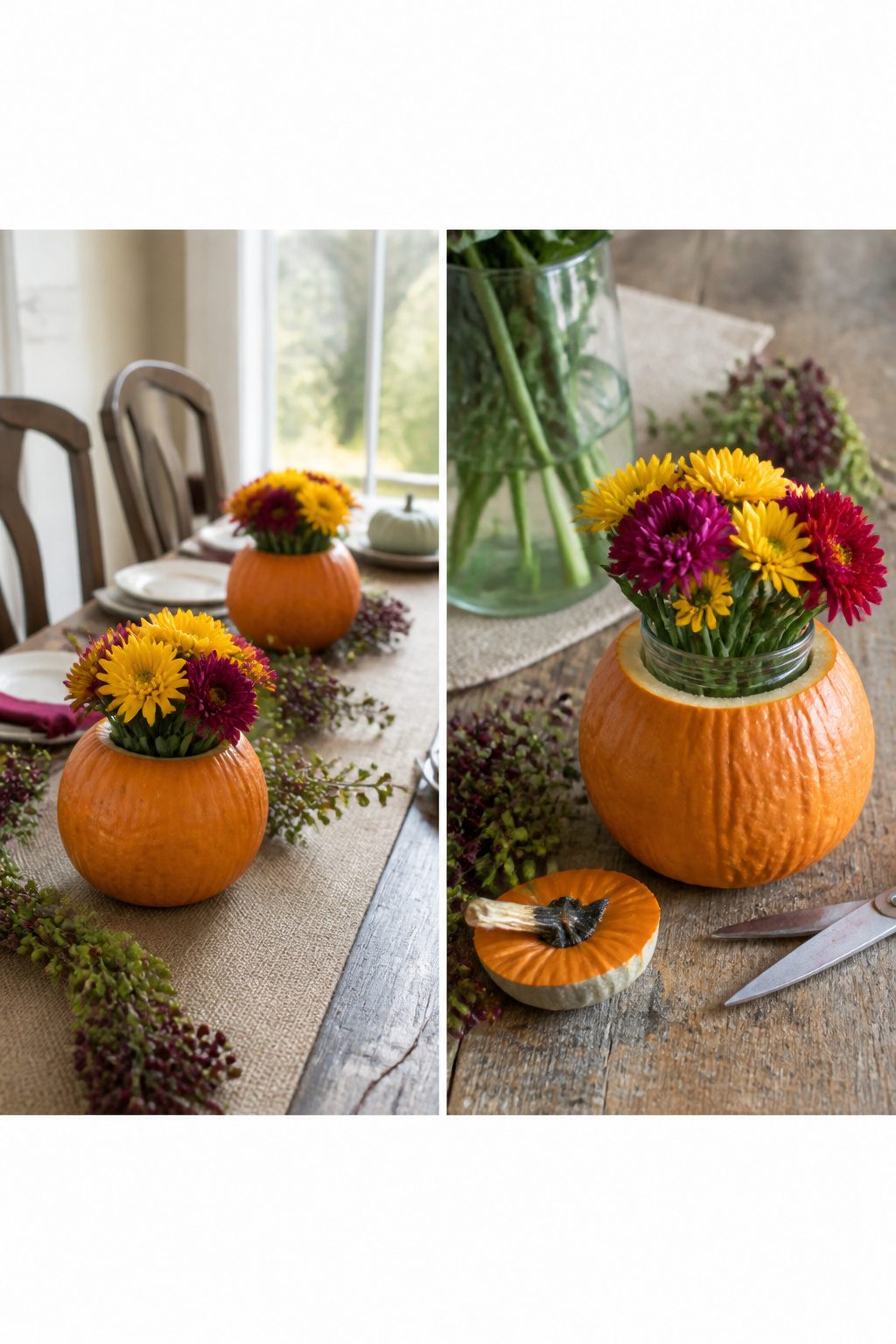 15 Fall Craft Ideas for Adults: Pumpkins, Wreaths, Signs & More 1 A small pumpkin carved as a vase, holding flowers and greenery.