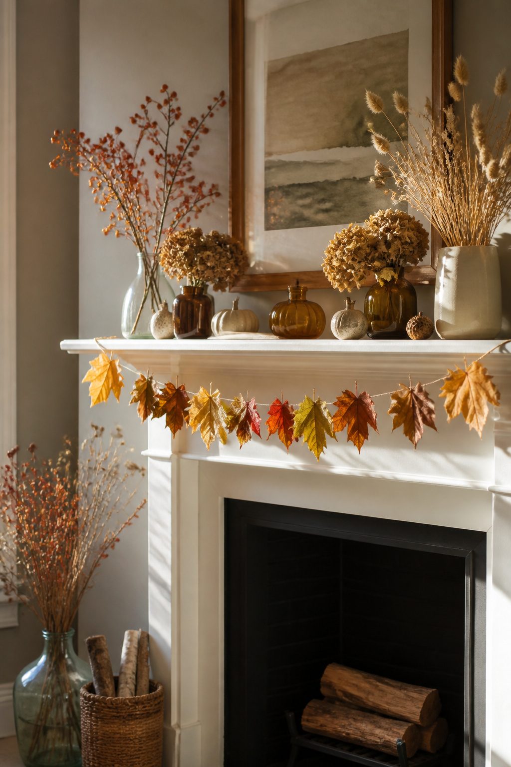 15 Fall Craft Ideas for Adults: Pumpkins, Wreaths, Signs & More 10 A garland of preserved leaves displayed on a mantle.