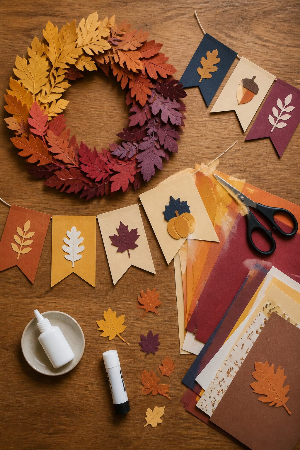15 Fall Craft Ideas for Adults: Pumpkins, Wreaths, Signs & More 13 A paper leaf wreath and banners made from craft materials.