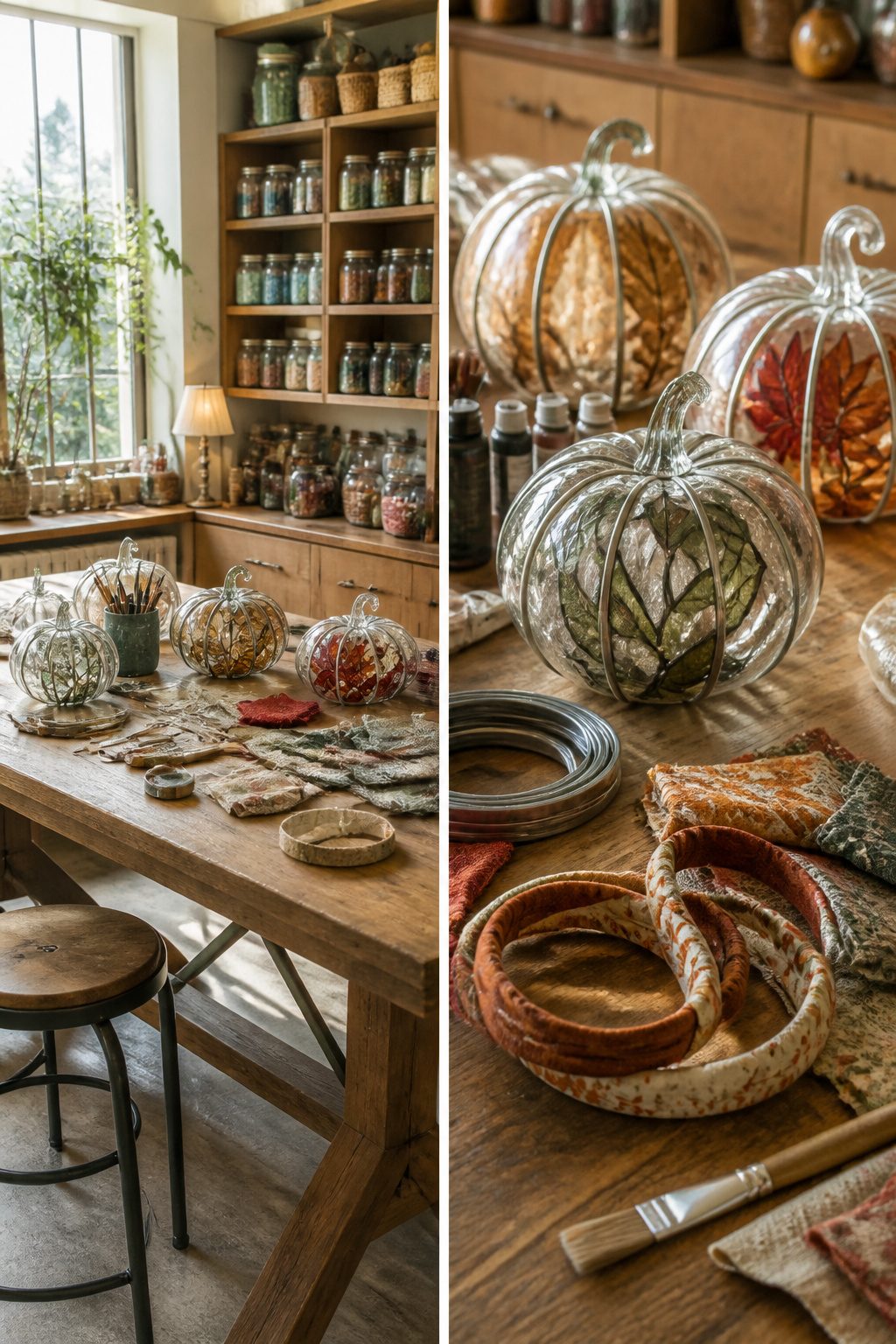 15 Fall Craft Ideas for Adults: Pumpkins, Wreaths, Signs & More 8 Clear glass pumpkins painted to resemble stained glass.