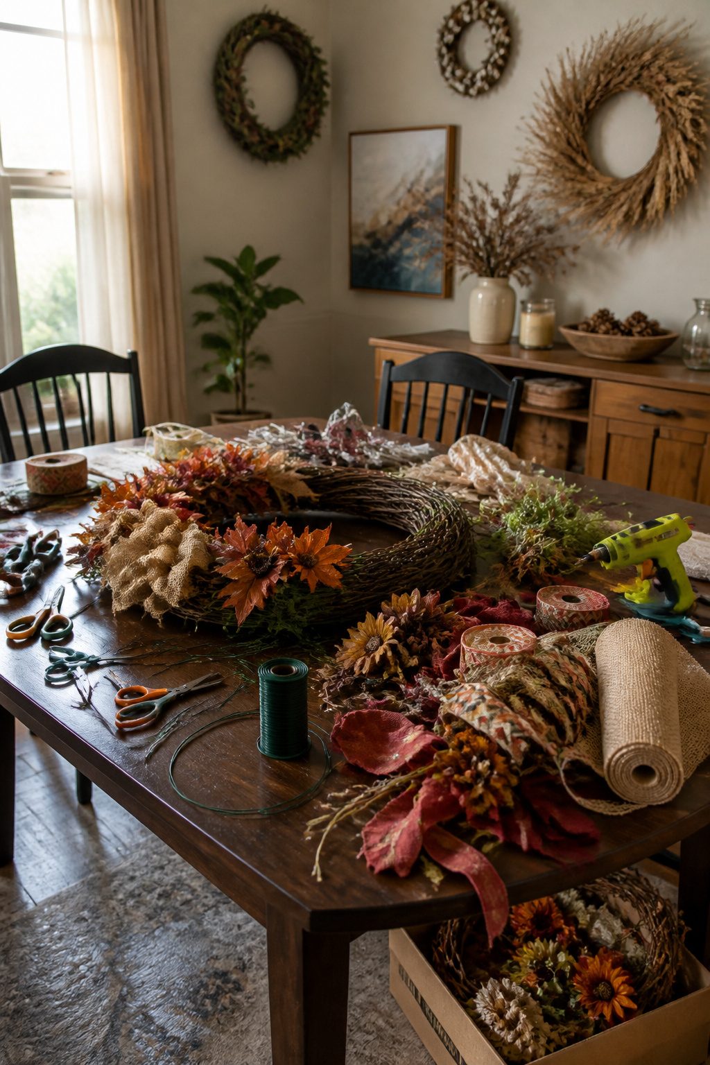 15 Fall Craft Ideas for Adults: Pumpkins, Wreaths, Signs & More 19 A table filled with crafting materials and unfinished projects.