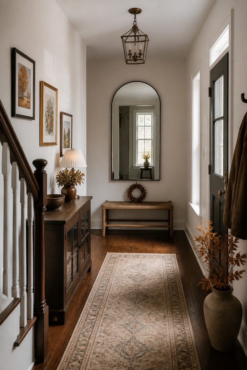 A large mirror above a console table in an entryway.