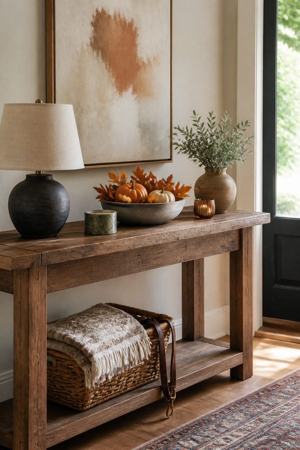 A console table with a ceramic bowl of mini pumpkins and faux leaves.