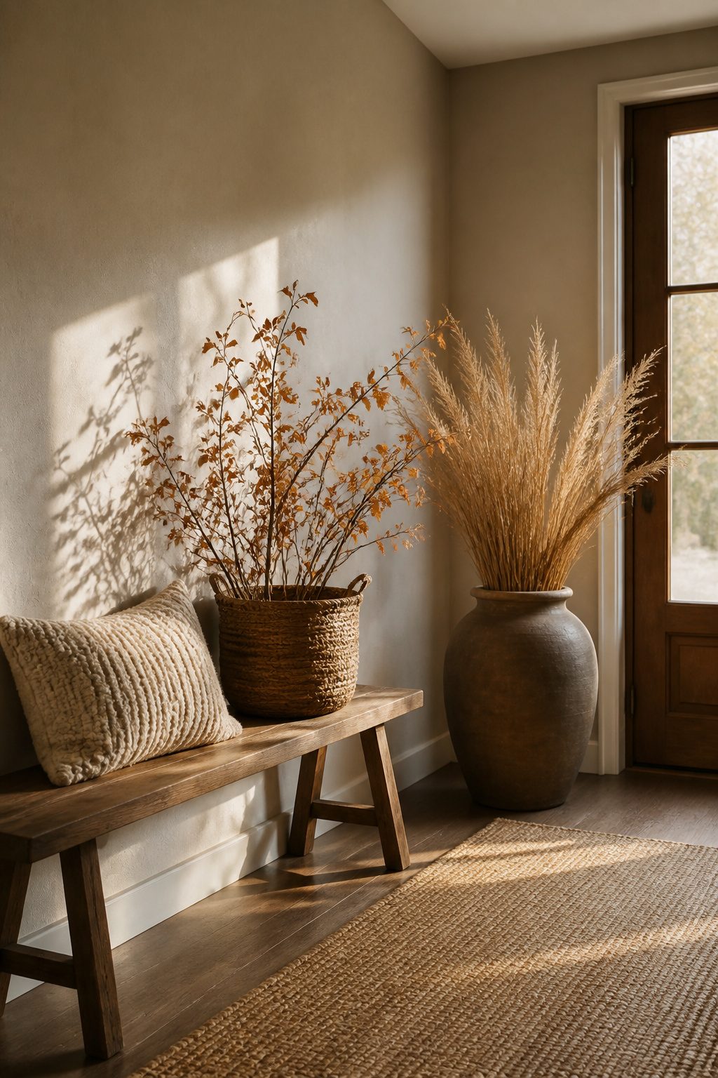 A knit pillow and a seagrass basket with branches in an entryway.