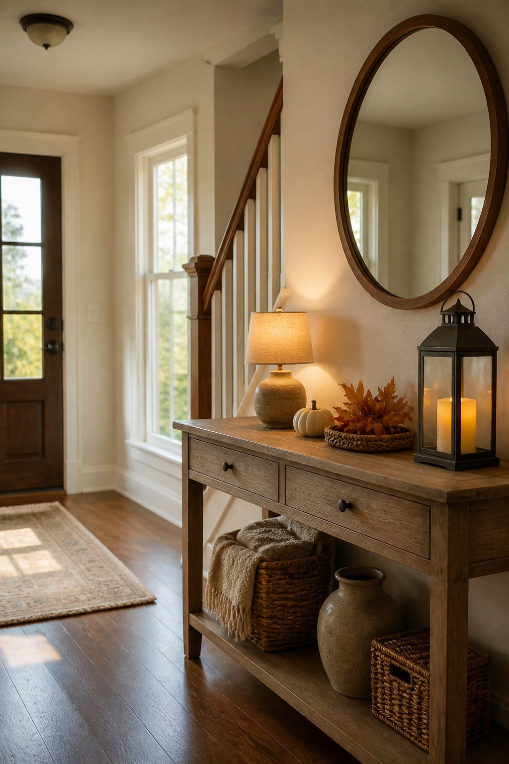A lamp and candles illuminating a cozy entryway.