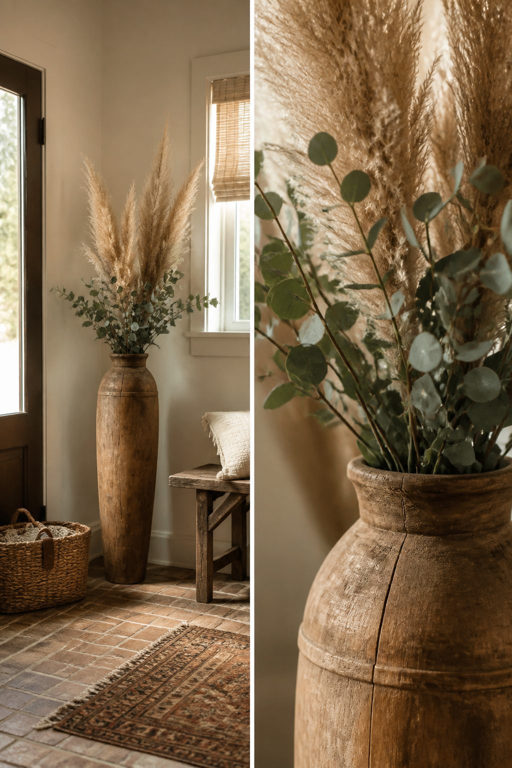 A tall vase with dried flowers and branches in an entryway.