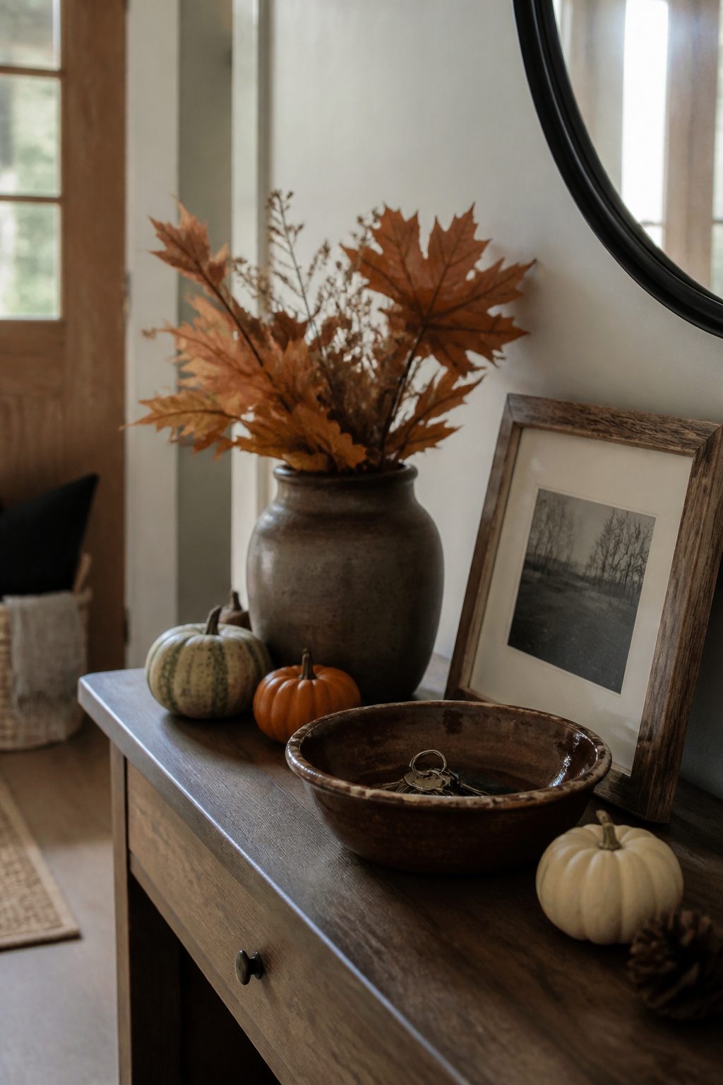 A ceramic bowl and a framed photo on a console table.