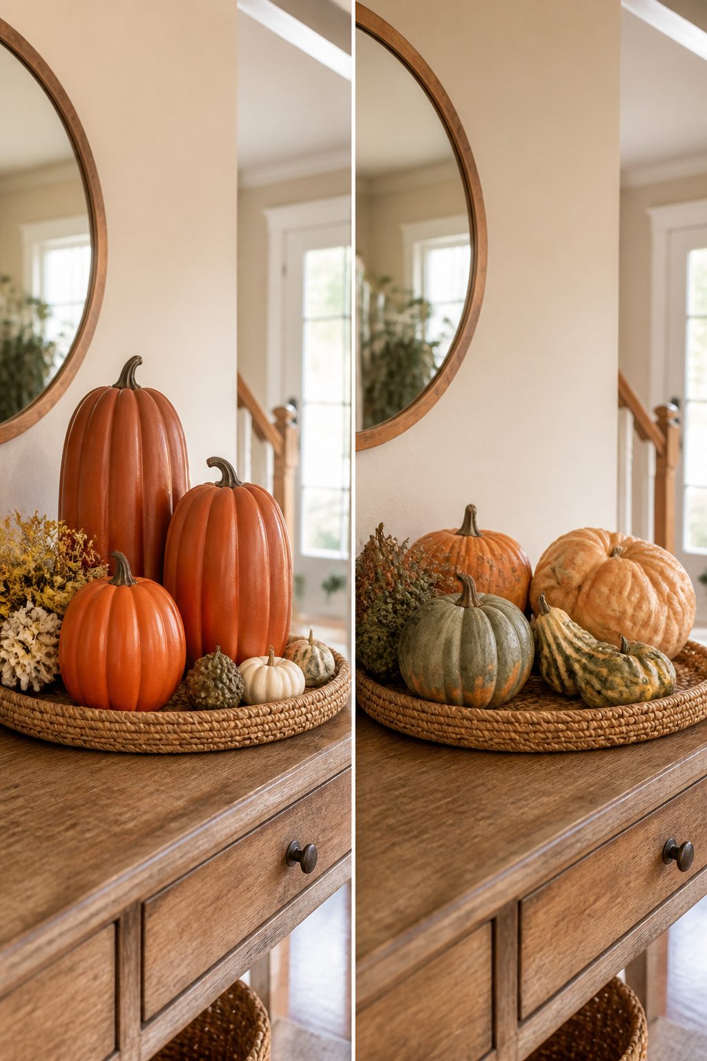 A mix of real and faux pumpkins arranged on a console table.