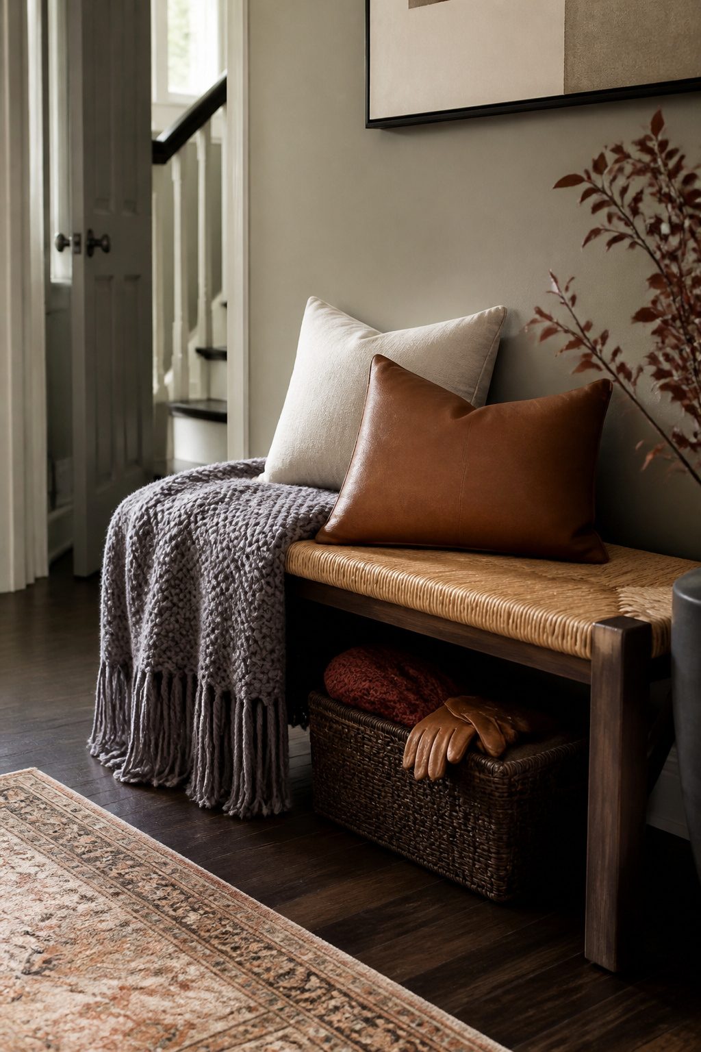 A knit blanket and pillows on an entryway bench.