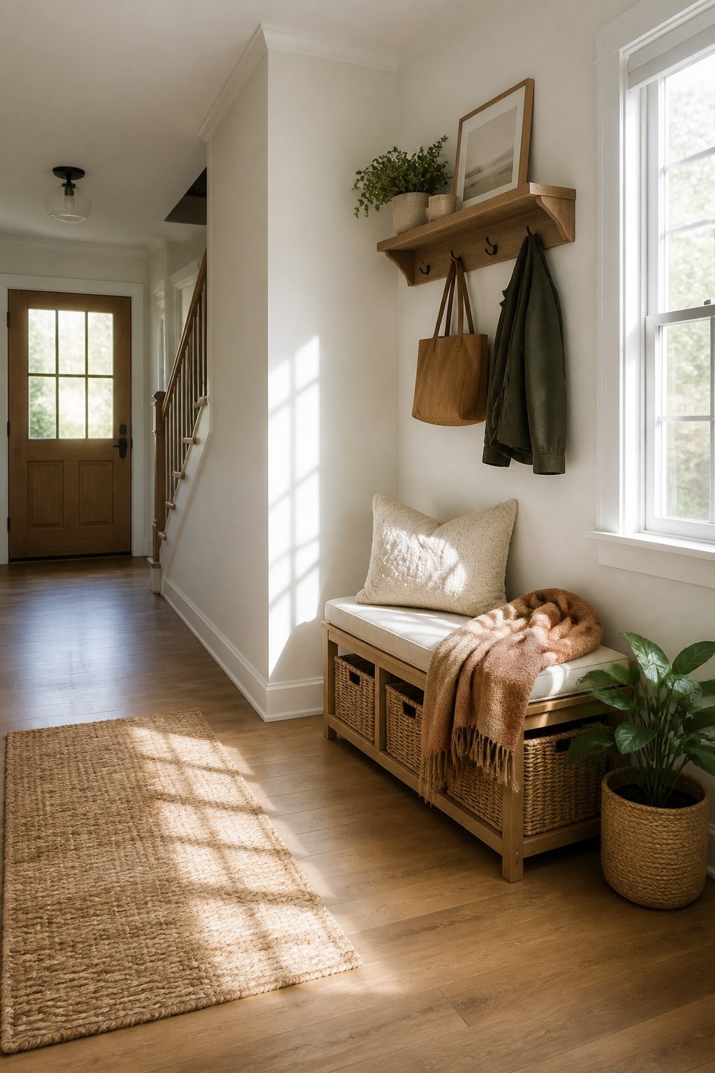 A bench with fall pillows and a scarf in a narrow entryway.