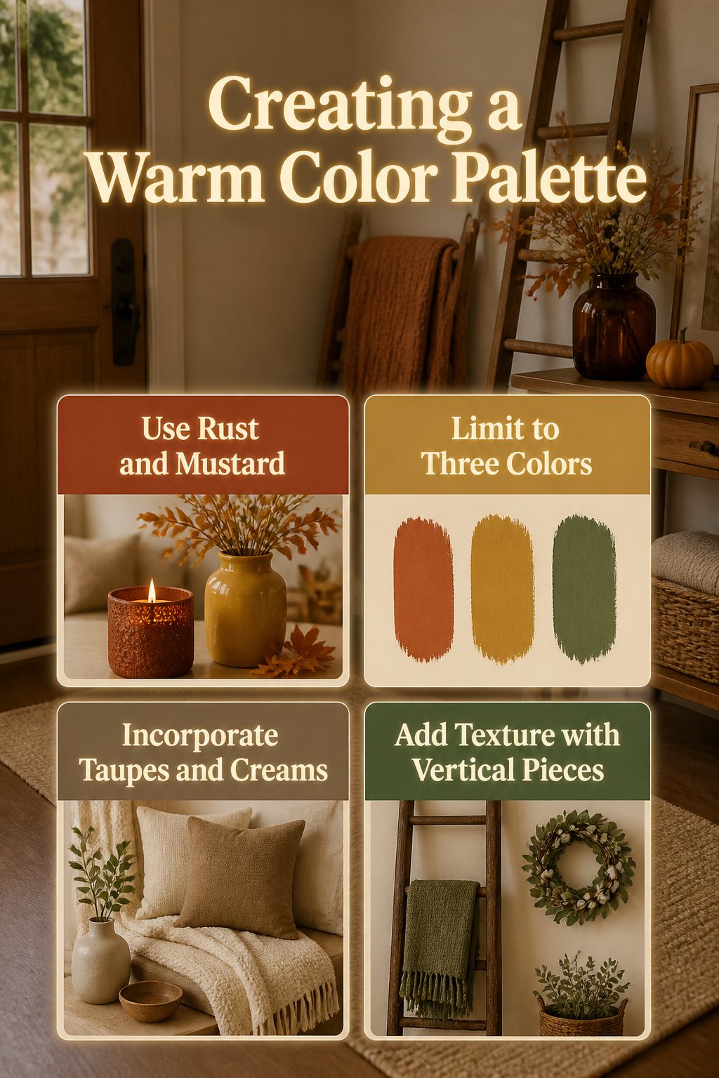 A warm color palette featuring rust and olive green in an entryway.