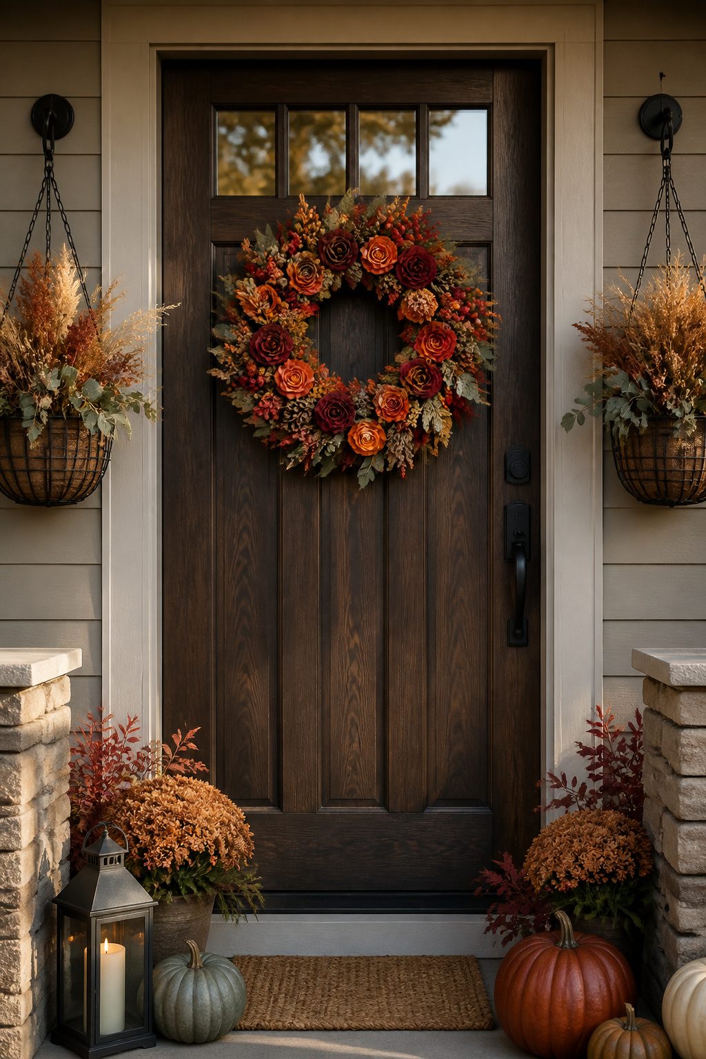 A faux rose and pinecone wreath displayed on a door.