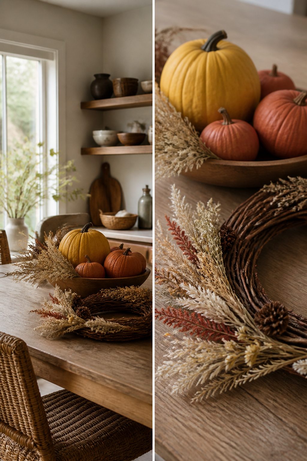 Fall Home Tour 2026: Six Ideas for Warm Autumn Style 6 Painted pumpkins and a wreath on a mantel.
