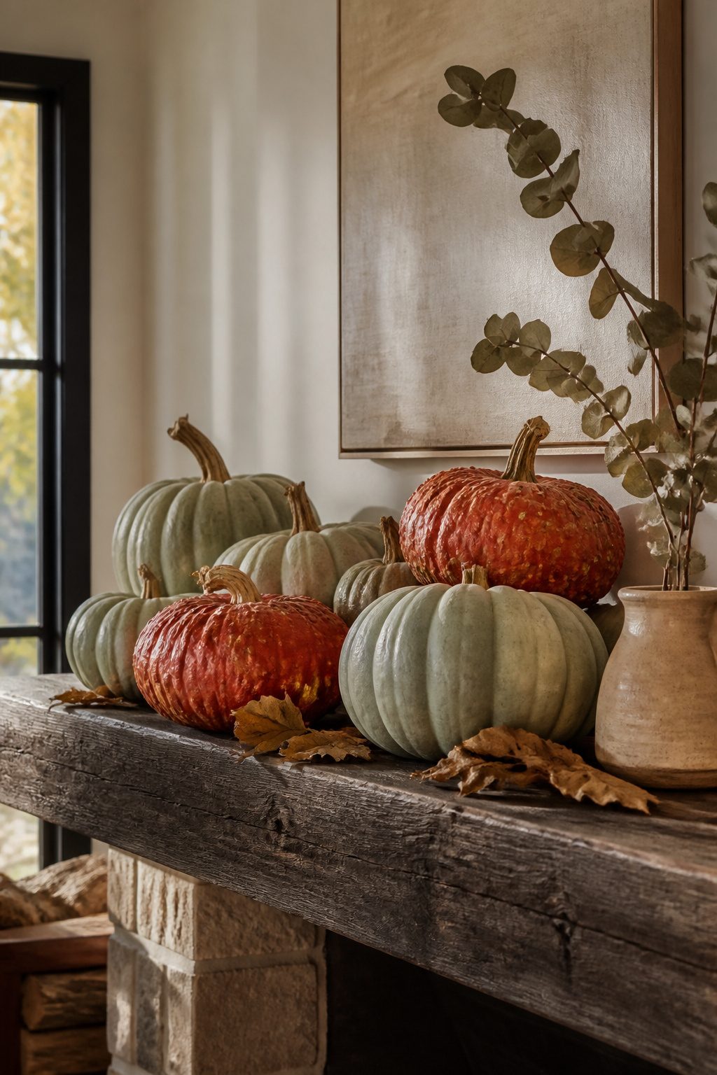 Fall Home Tour 2026: Six Ideas for Warm Autumn Style 2 A rustic wood mantel decorated with heirloom pumpkins and eucalyptus.