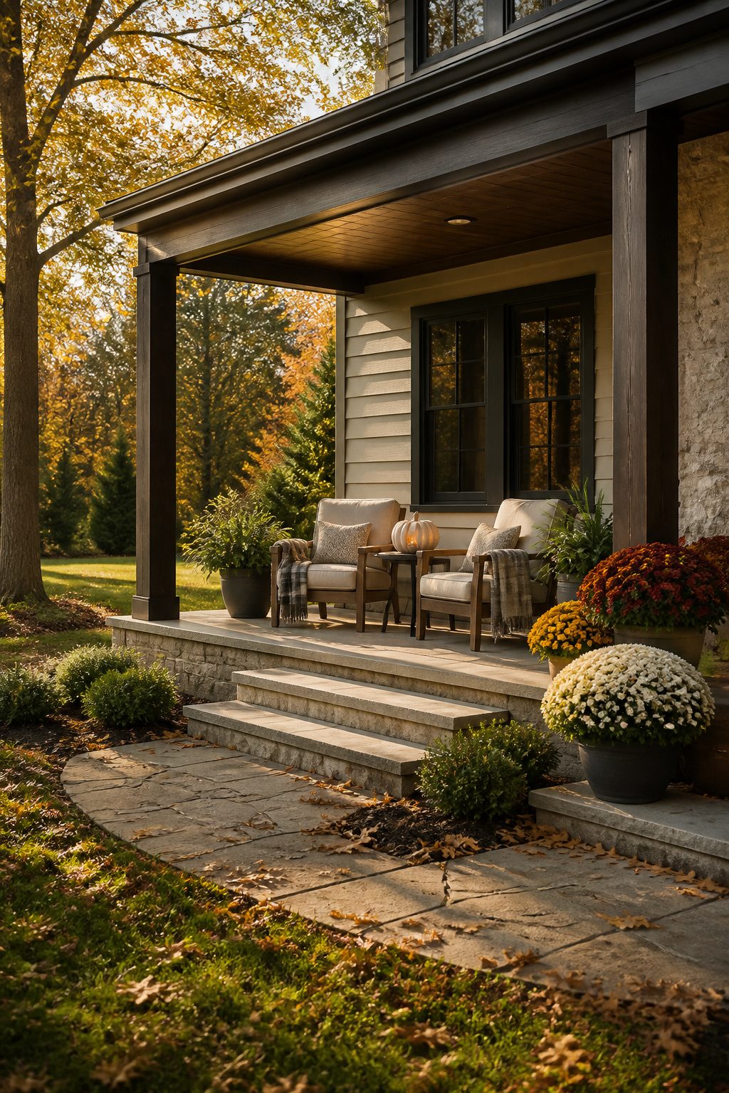 Fall Home Tour 2026: Six Ideas for Warm Autumn Style 10 Outdoor seating area with chairs in sunlight.