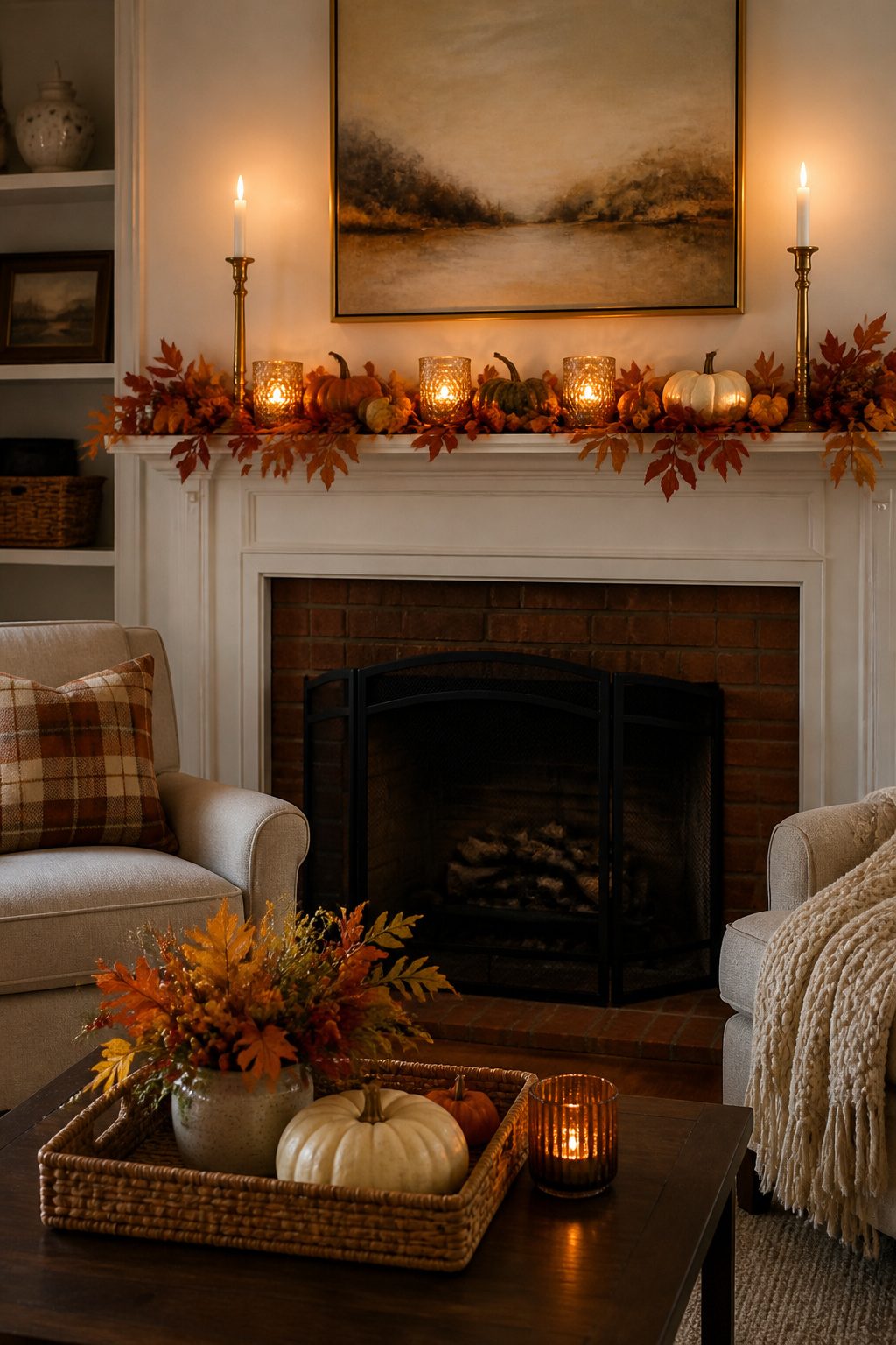 11 Fall Mantel Decoration Ideas for a Styled Hearth 2 Brass candlesticks and flickering LED candles on a mantel.