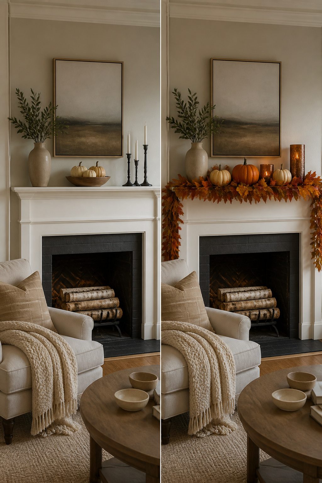 11 Fall Mantel Decoration Ideas for a Styled Hearth 12 Decor items in warm tones arranged on a mantel.