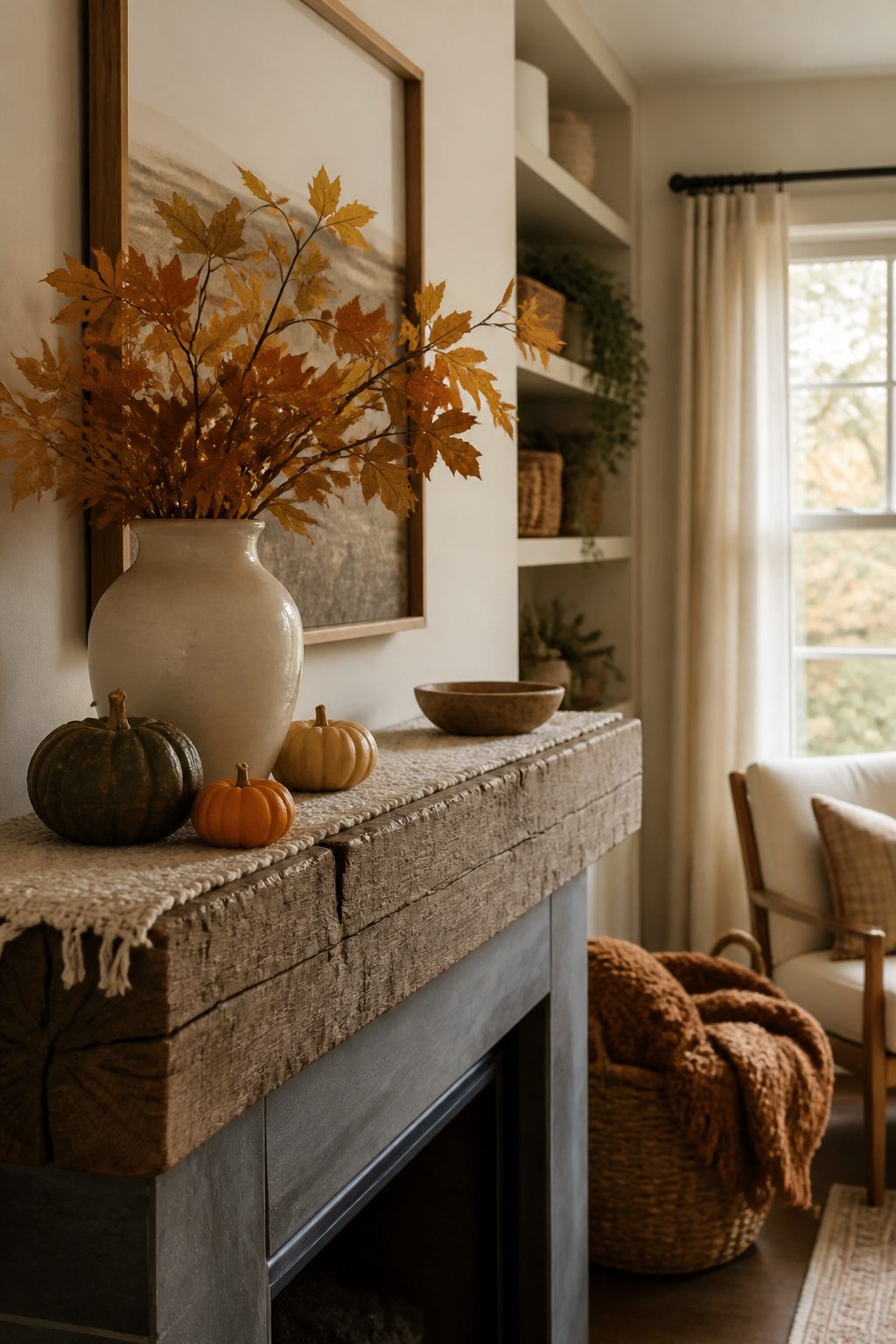 11 Fall Mantel Decoration Ideas for a Styled Hearth 14 A mantel displaying various textures like wood and ceramic.
