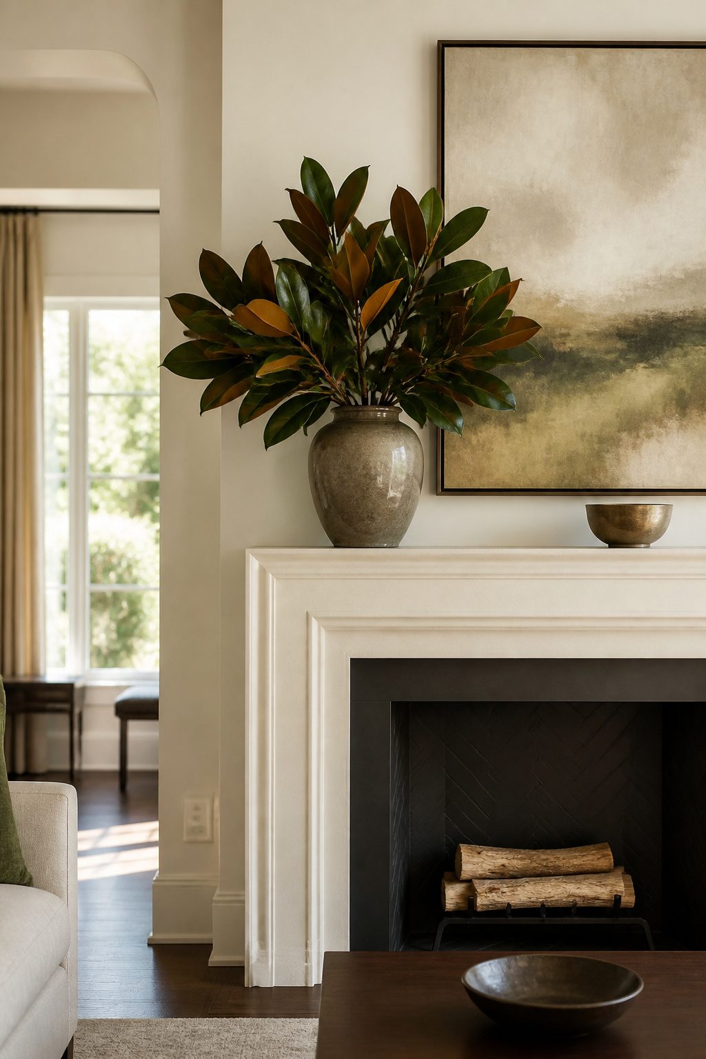 11 Fall Mantel Decoration Ideas for a Styled Hearth 6 Magnolia leaves in a ceramic vase sit prominently on a mantel.