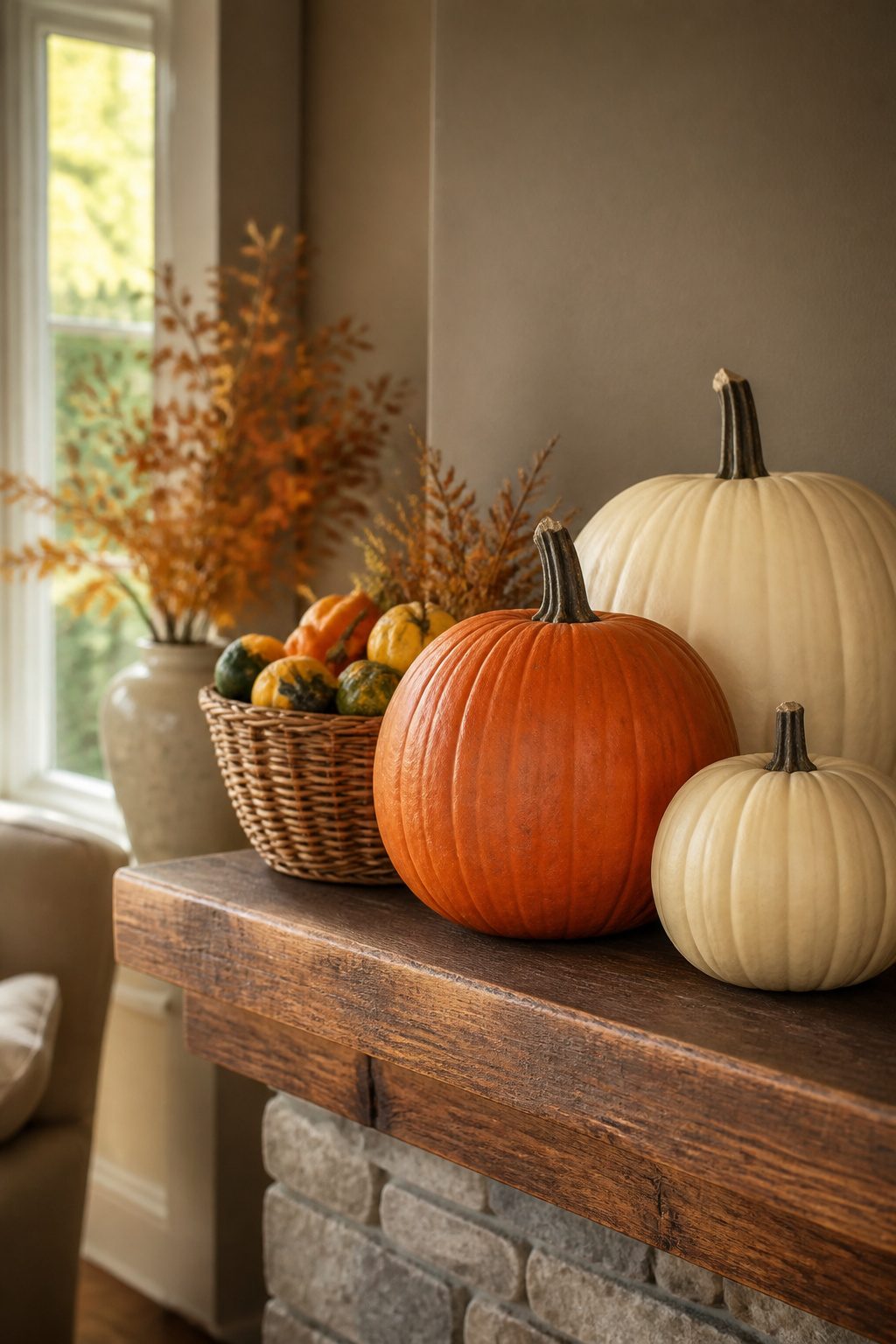 11 Fall Mantel Decoration Ideas for a Styled Hearth 1 Three small pumpkins in orange and cream sit on a mantel.