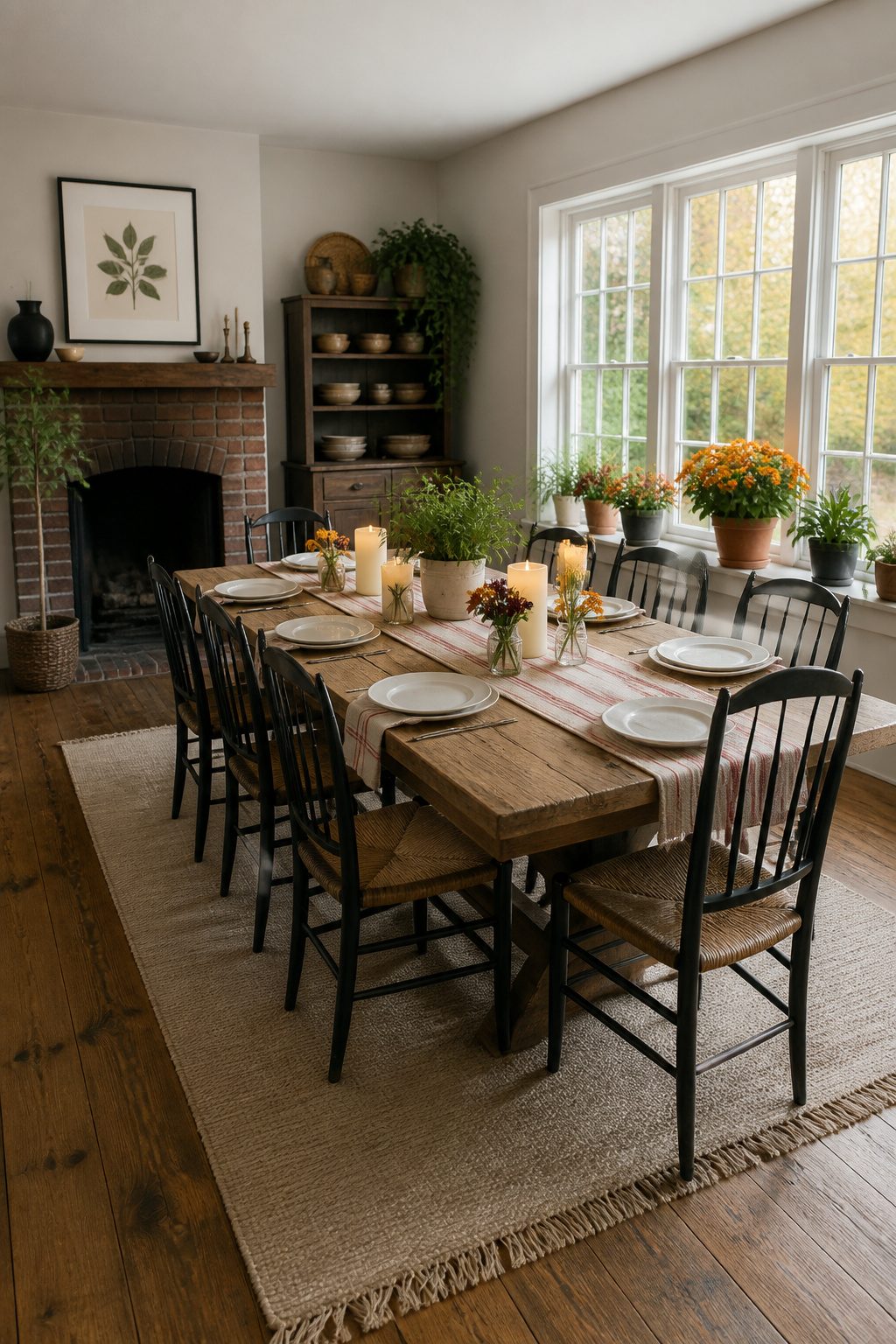 Casual table setting with a striped runner and small potted herbs.