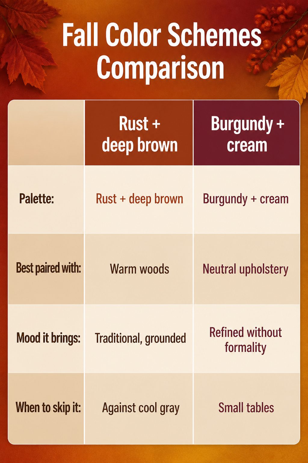 Comparison chart of fall color schemes for table settings.