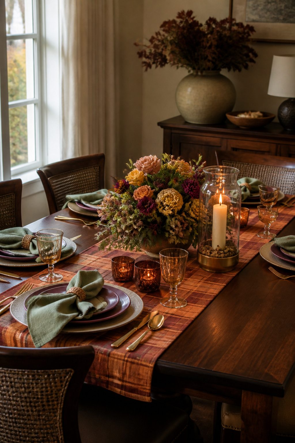 Mahogany table adorned with burgundy dishware and soft floral centerpiece.