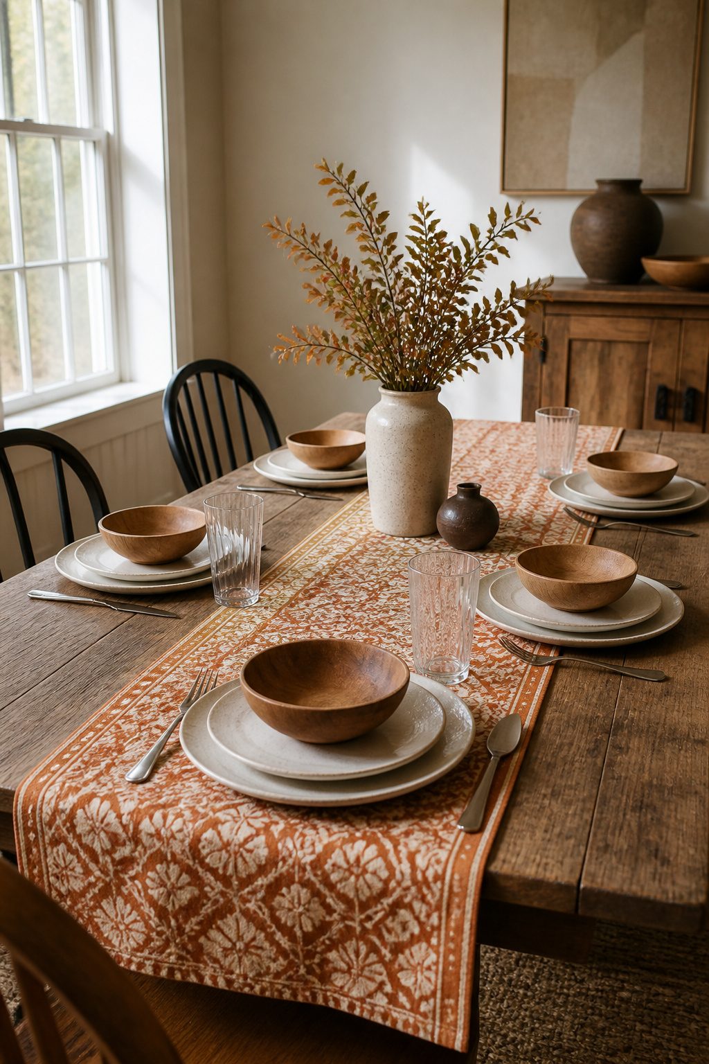 Table setting with smooth plates and patterned linens on a wooden table.
