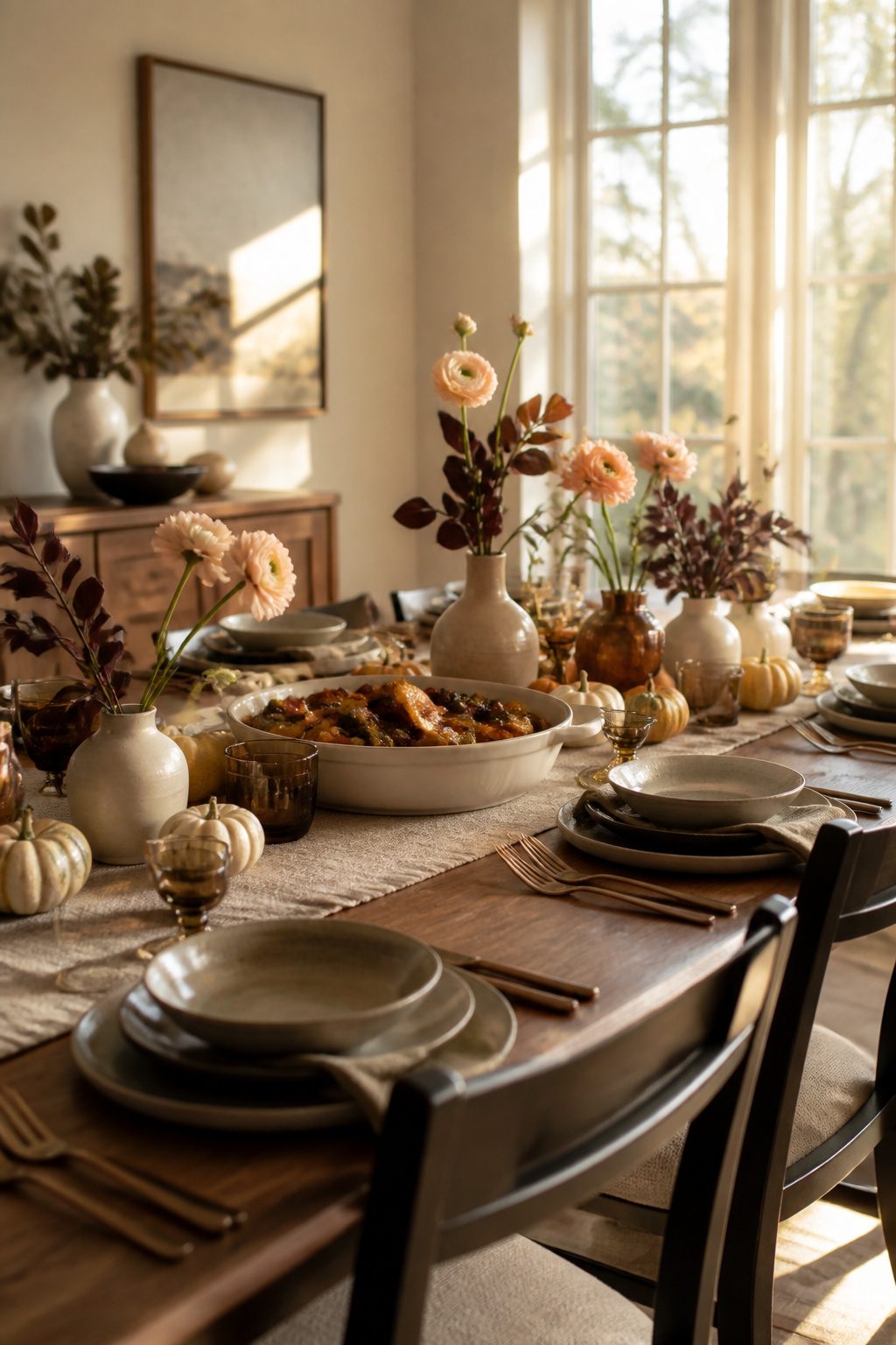 Long wooden dining table set with roasted squash and mini pumpkins.
