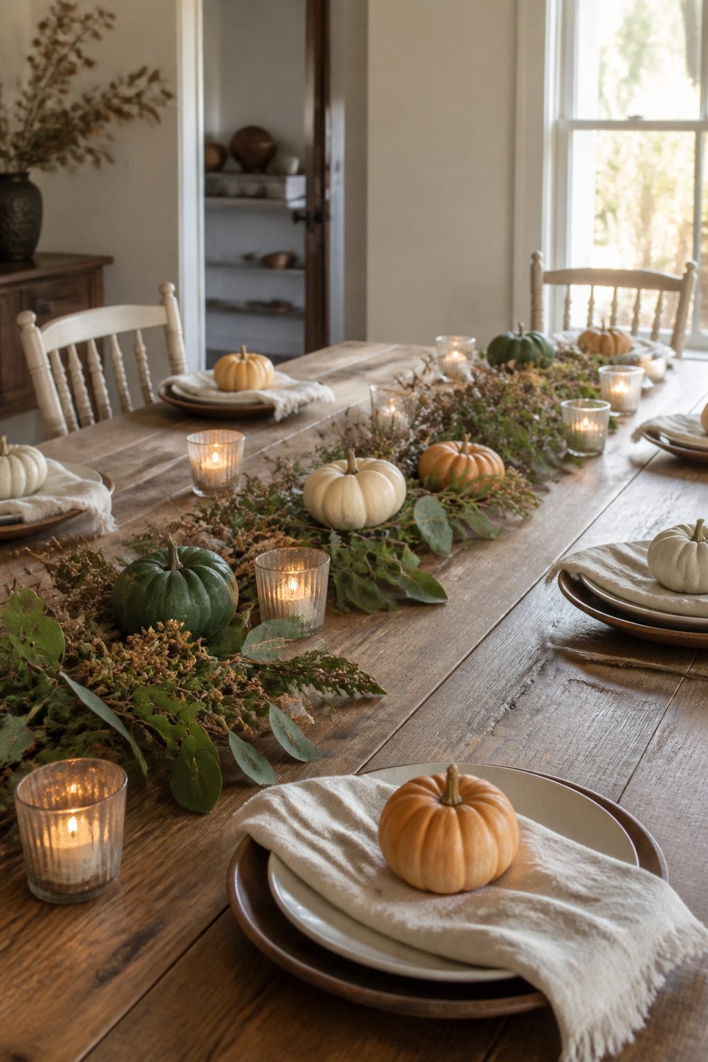 Wood table with mini pumpkins, branches, and flickering tea lights.