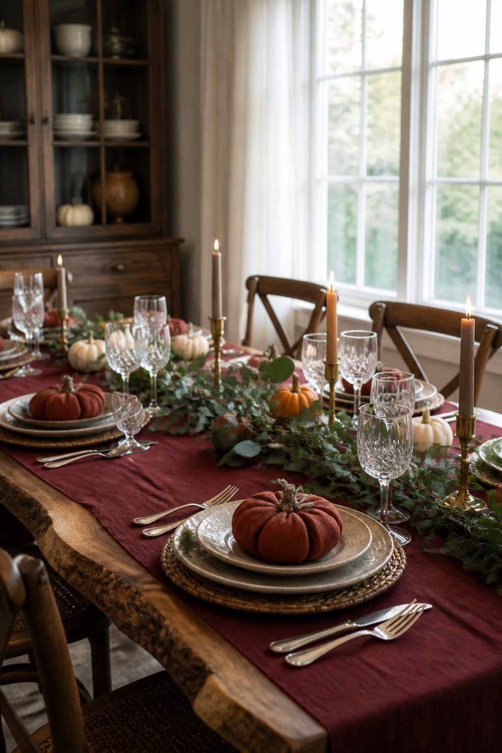 Live-edge wooden table with maroon tablecloth and eucalyptus branches.