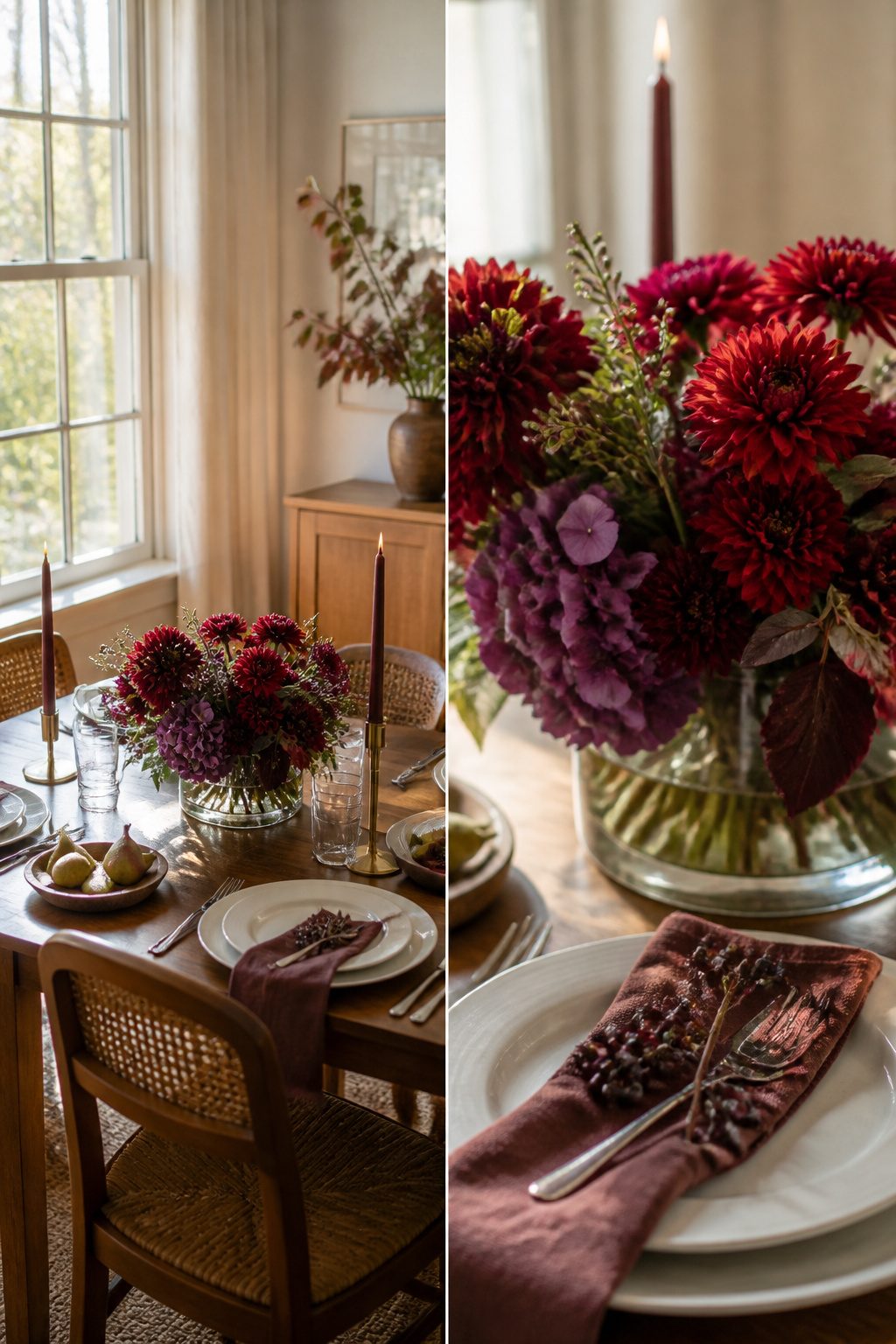 Table with a bouquet and taper candles for a casual fall look.
