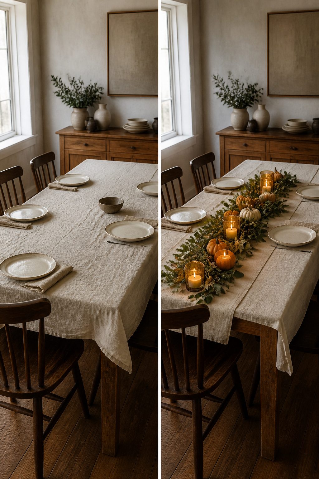 Low centerpiece arrangement of pumpkins and tealights on a table.