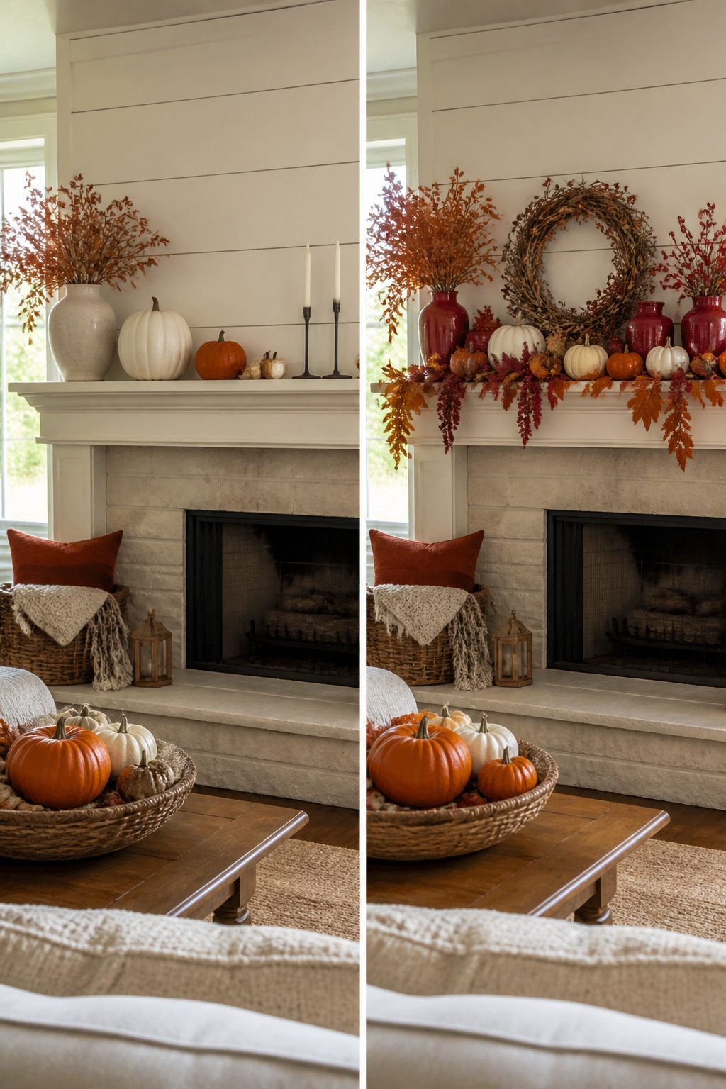 7 Farmhouse Fall Mantel Ideas: Cozy Decor for 2026 8 Farmhouse mantel decorated in burnt orange and deep red colors.