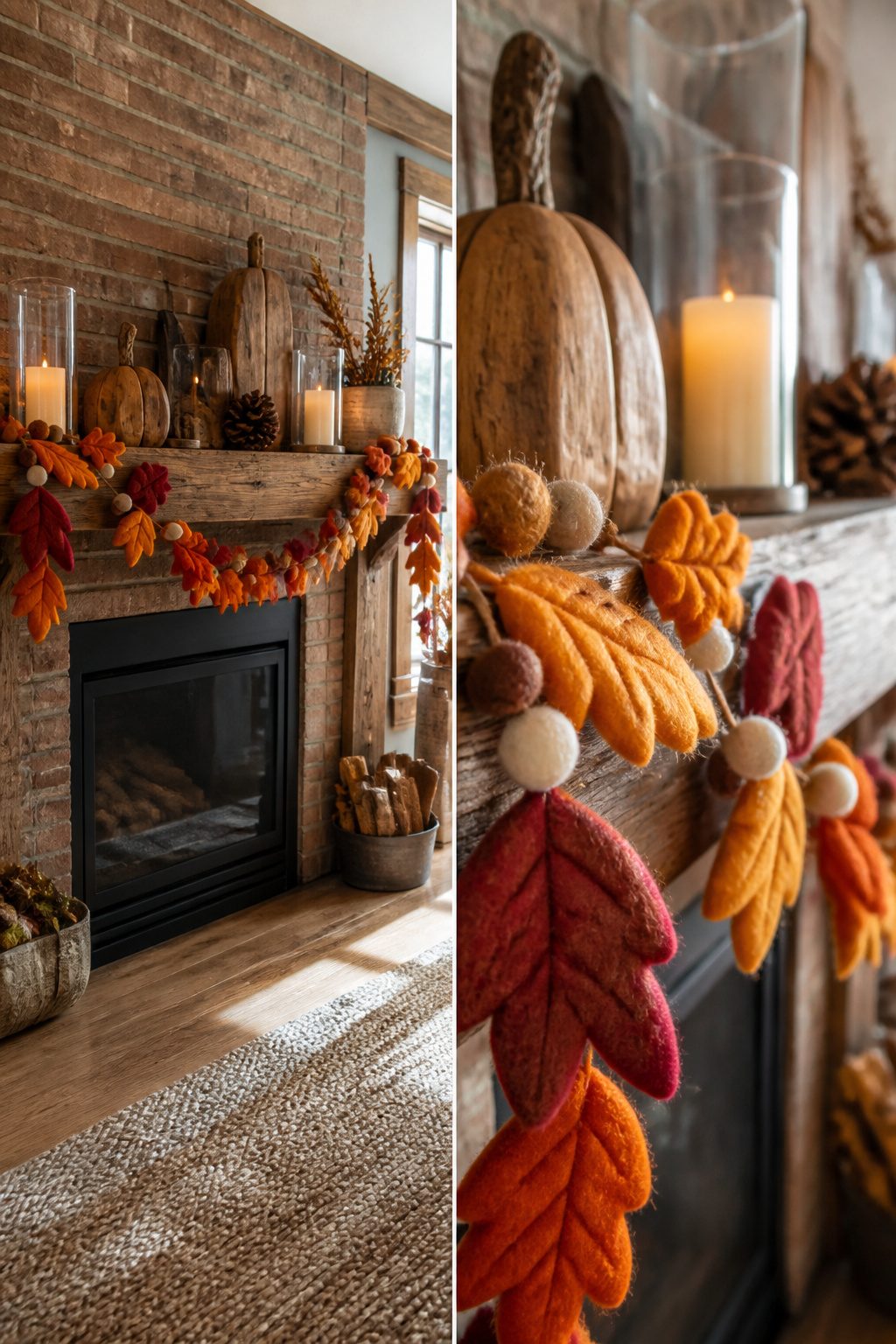 7 Farmhouse Fall Mantel Ideas: Cozy Decor for 2026 3 Felt leaf garland in burnt orange and deep red on a mantel.