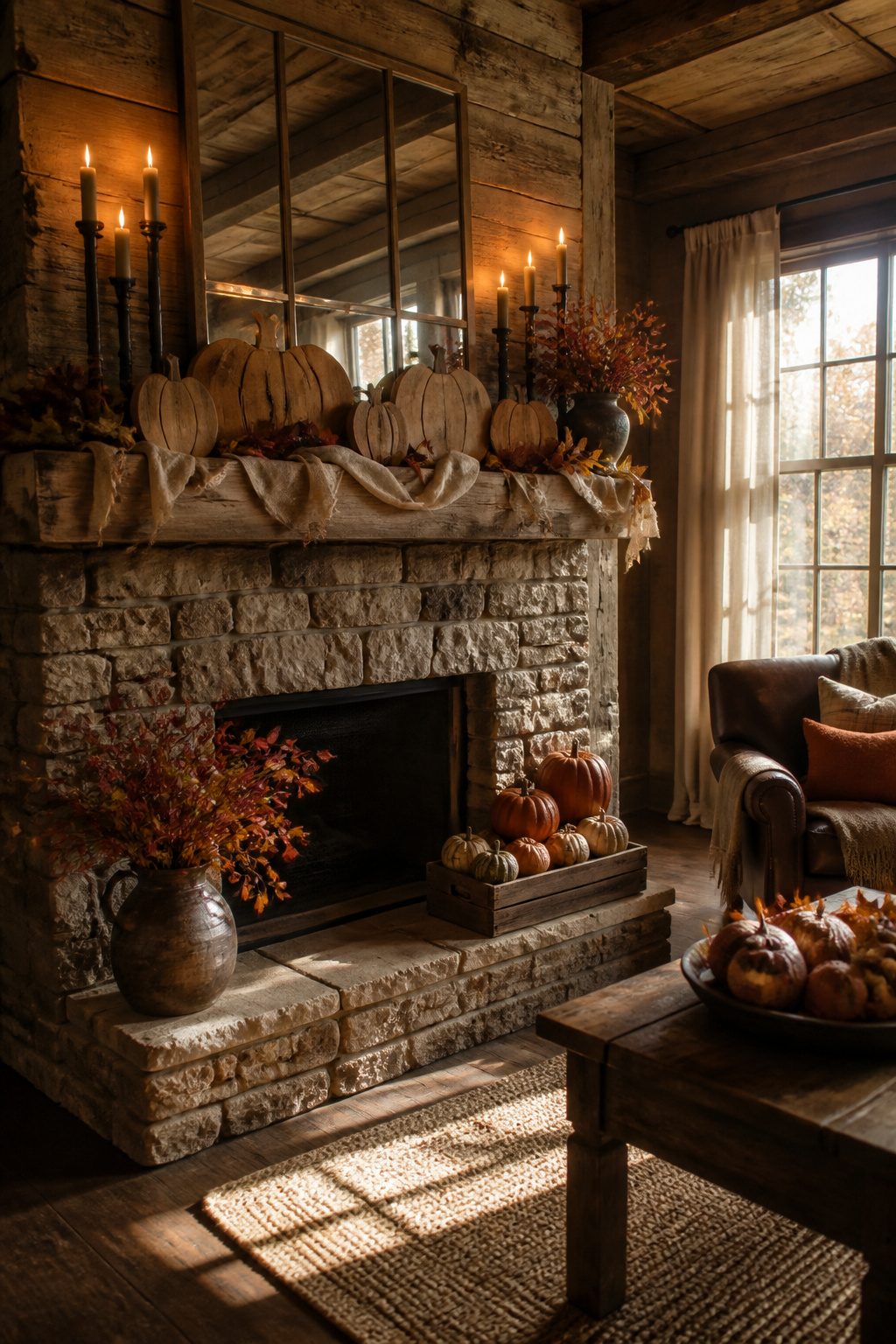 7 Farmhouse Fall Mantel Ideas: Cozy Decor for 2026 7 Iron candlesticks and wooden pumpkins layered on a mantel.