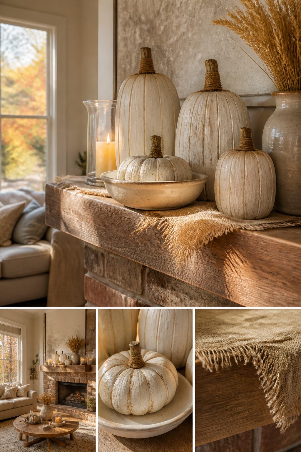7 Farmhouse Fall Mantel Ideas: Cozy Decor for 2026 1 Wooden pumpkins in whitewash finish on a farmhouse mantel.