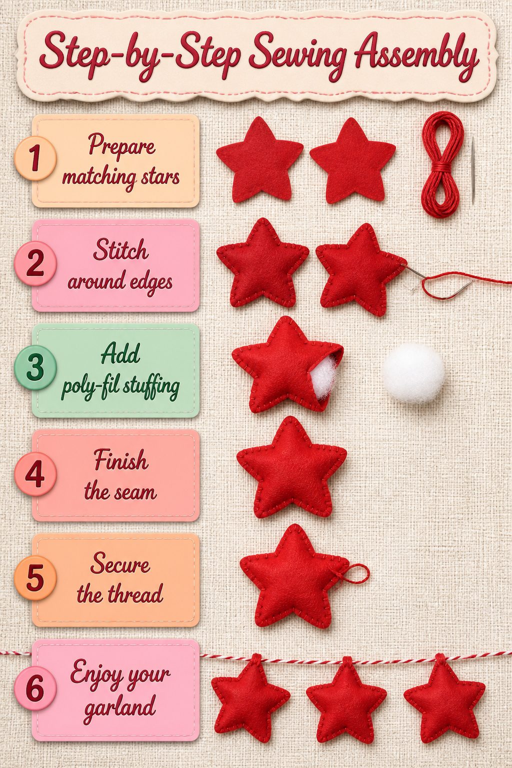 Two felt stars being sewn together with embroidery floss.