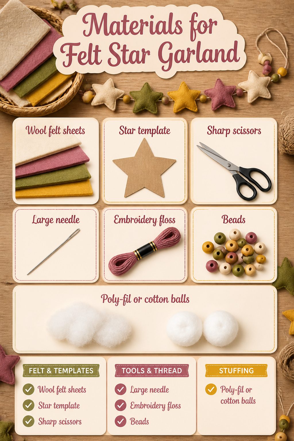 Materials needed for making a felt star garland, including wool felt.