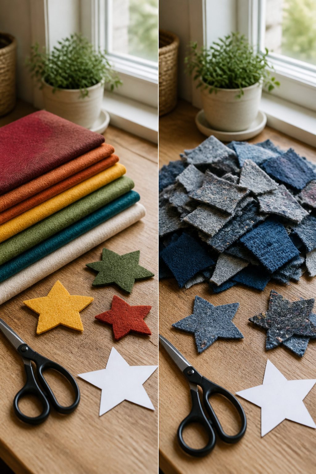 A comparison of new wool felt and recycled wool from sweaters.