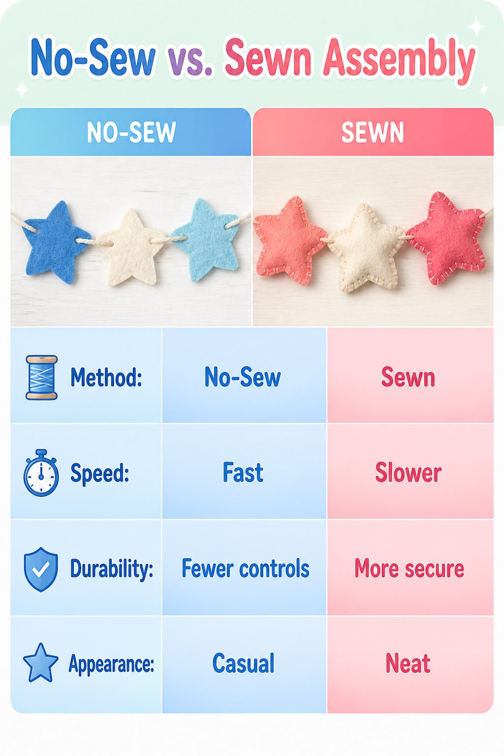 Felt stars strung together on yarn using tape for no-sew assembly.