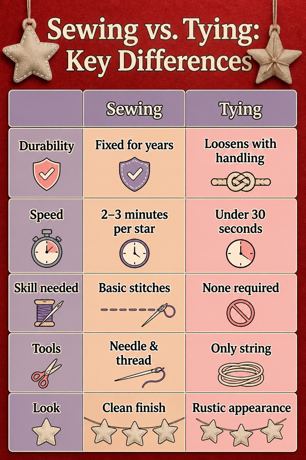 Comparison chart detailing sewing versus tying felt stars.