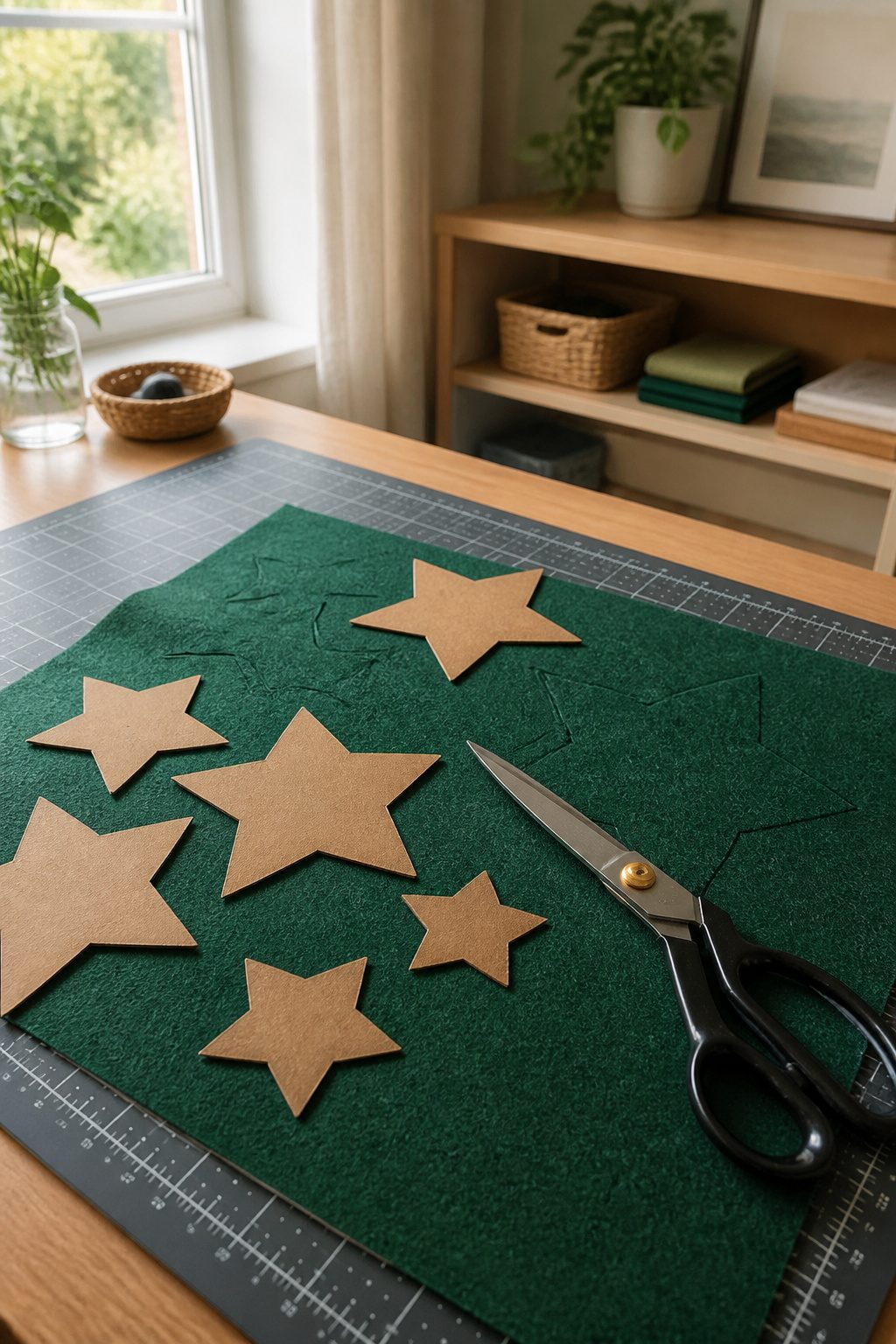 Multiple star templates and a green felt sheet on a cutting mat.