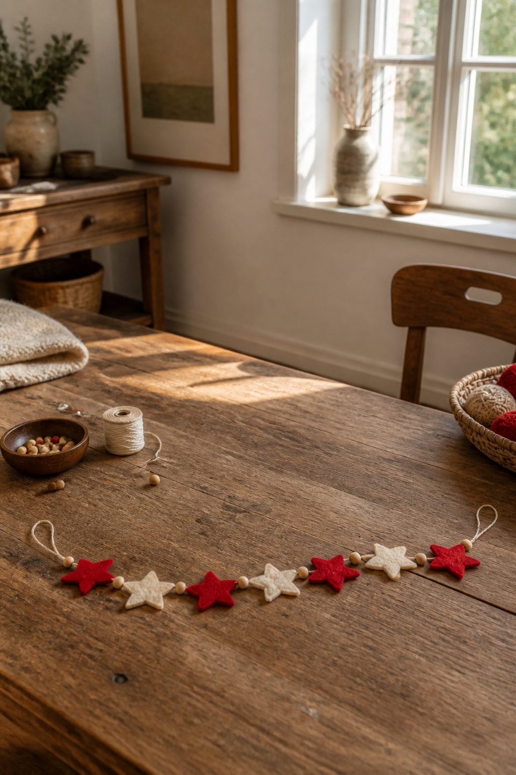 A length of thread is prepared for stringing felt stars.